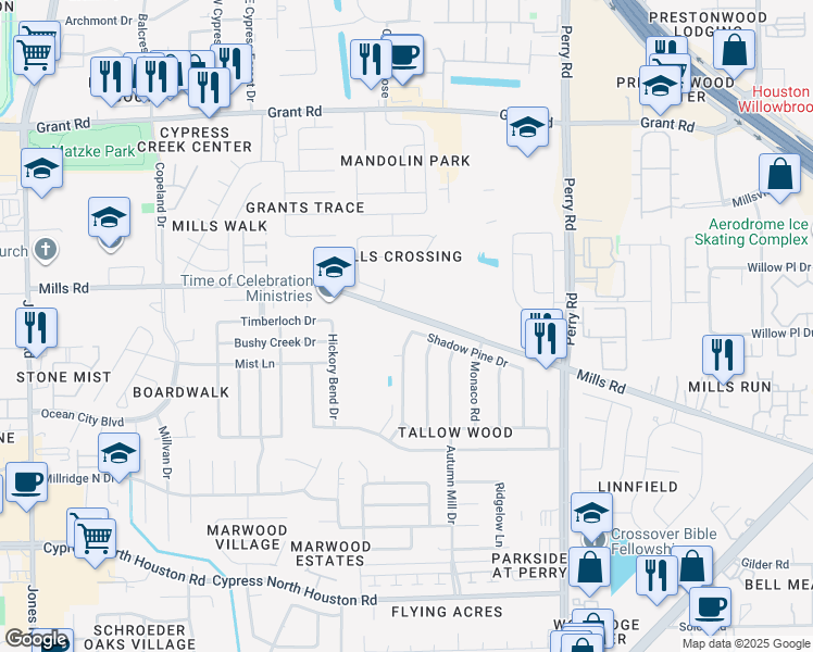 map of restaurants, bars, coffee shops, grocery stores, and more near 12811 Lacey Crest Drive in Houston