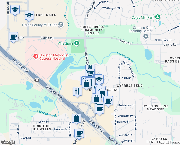 map of restaurants, bars, coffee shops, grocery stores, and more near 12515 Barker Cypress Road in Cypress