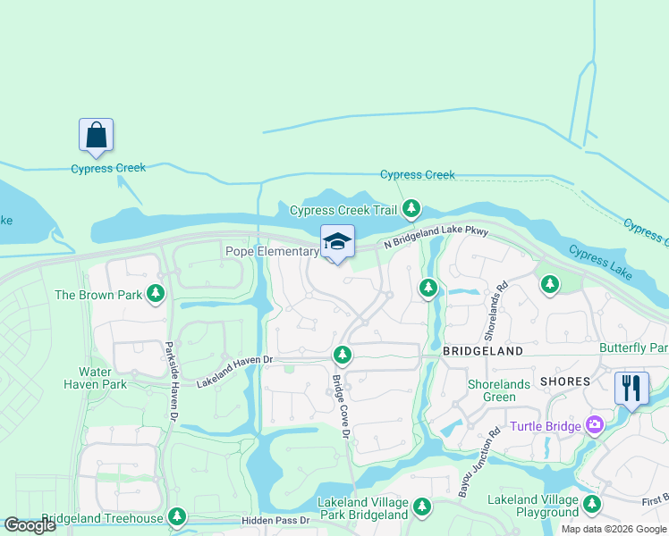 map of restaurants, bars, coffee shops, grocery stores, and more near Cypress Cove Park Dr in Cypress