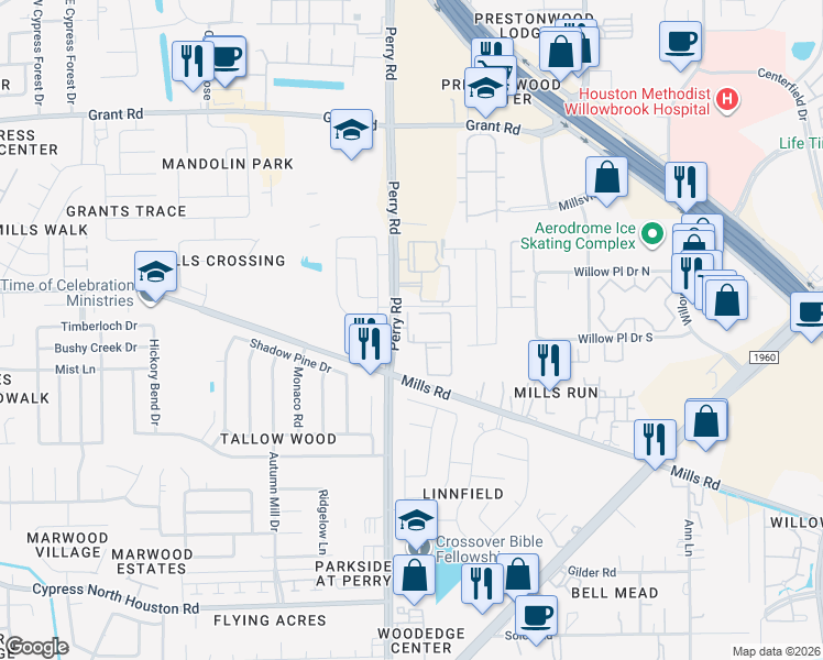 map of restaurants, bars, coffee shops, grocery stores, and more near 12850 Perry Road in Houston