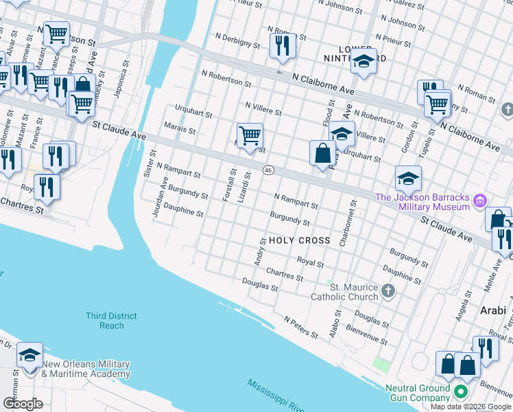 map of restaurants, bars, coffee shops, grocery stores, and more near 8 Dauphine Street in New Orleans