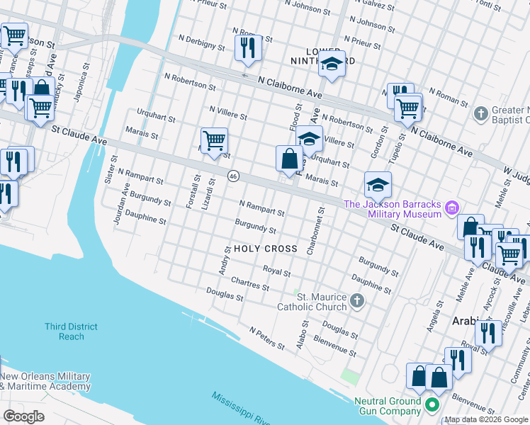 map of restaurants, bars, coffee shops, grocery stores, and more near 5451 Burgundy Street in New Orleans