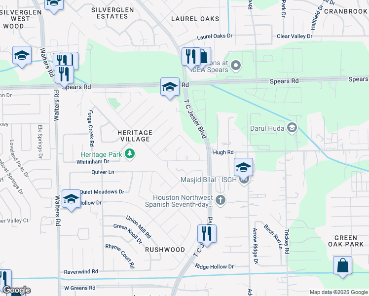 map of restaurants, bars, coffee shops, grocery stores, and more near 12007 Minutemen Court in Houston