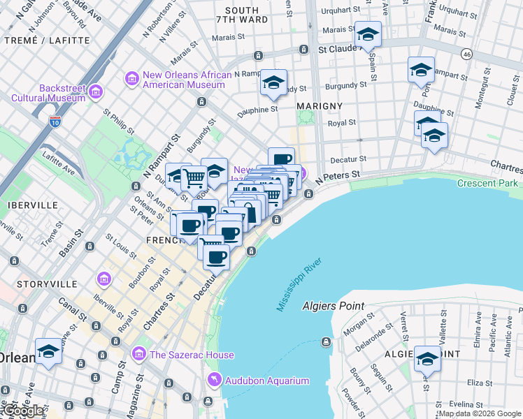 map of restaurants, bars, coffee shops, grocery stores, and more near 1101 Decatur Street in New Orleans