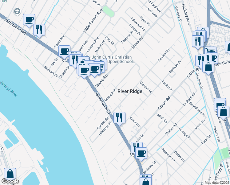 map of restaurants, bars, coffee shops, grocery stores, and more near 9712 Bromelaid Circle in River Ridge