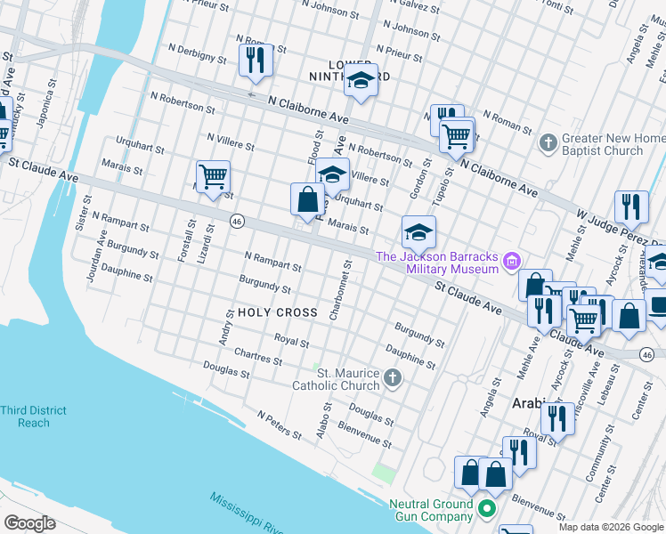 map of restaurants, bars, coffee shops, grocery stores, and more near 1019 Lamanche Street in New Orleans