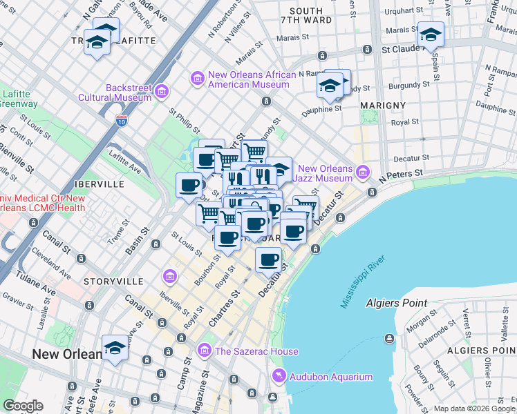 map of restaurants, bars, coffee shops, grocery stores, and more near in New Orleans