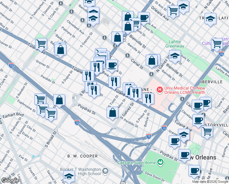 map of restaurants, bars, coffee shops, grocery stores, and more near 516 South Tonti Street in New Orleans