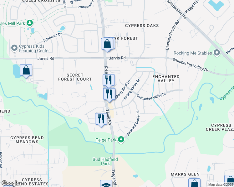 map of restaurants, bars, coffee shops, grocery stores, and more near 12723 Shady Knoll Lane in Cypress
