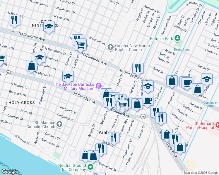 map of restaurants, bars, coffee shops, grocery stores, and more near 1334 Mehle Street in Arabi
