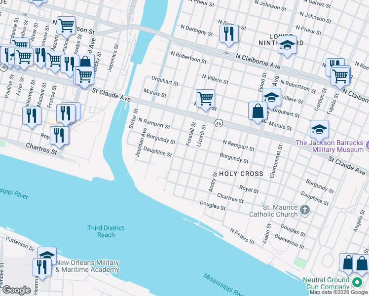 map of restaurants, bars, coffee shops, grocery stores, and more near in New Orleans