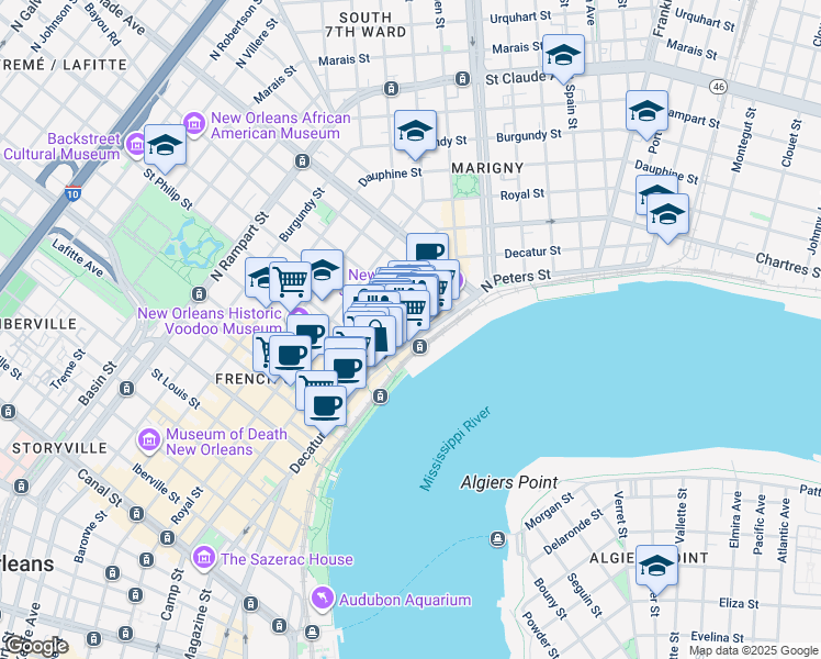 map of restaurants, bars, coffee shops, grocery stores, and more near 13 French Market Place in New Orleans