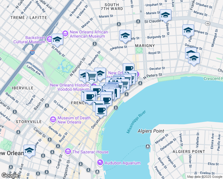map of restaurants, bars, coffee shops, grocery stores, and more near 538 Saint Philip Street in New Orleans