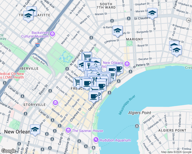 map of restaurants, bars, coffee shops, grocery stores, and more near 902 Royal Street in New Orleans