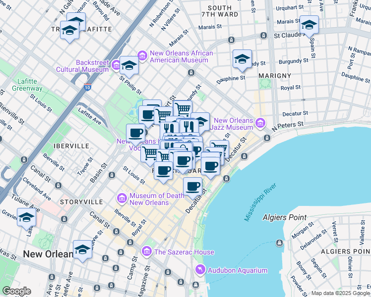 map of restaurants, bars, coffee shops, grocery stores, and more near in New Orleans