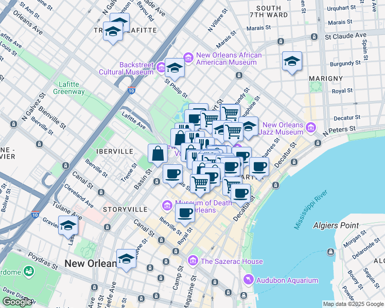 map of restaurants, bars, coffee shops, grocery stores, and more near 632 Burgundy Street in New Orleans