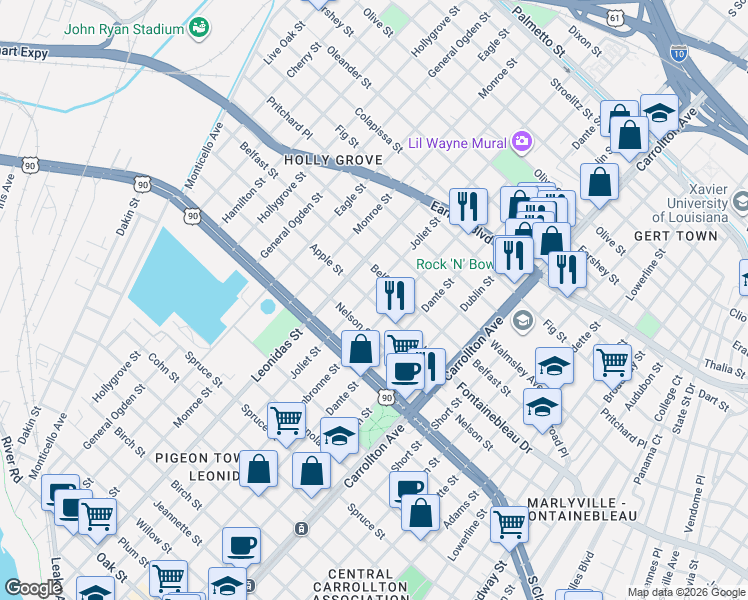 map of restaurants, bars, coffee shops, grocery stores, and more near 8336 Apple Street in New Orleans