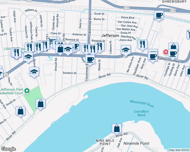 map of restaurants, bars, coffee shops, grocery stores, and more near 2817 Louisiana 611-1 in Jefferson