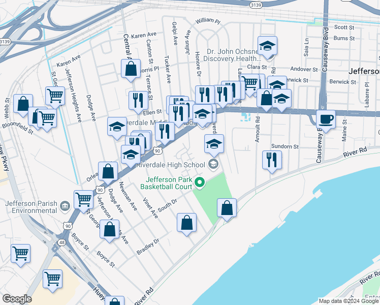 map of restaurants, bars, coffee shops, grocery stores, and more near 1903 Audubon Trace in Jefferson