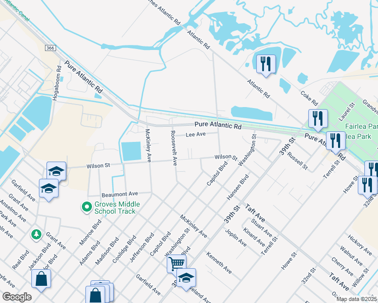 map of restaurants, bars, coffee shops, grocery stores, and more near 4501 Wilson Street in Groves