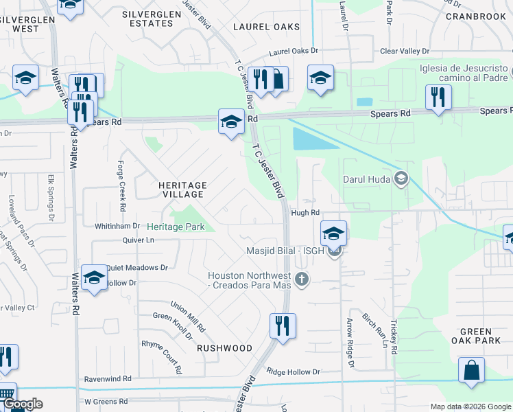 map of restaurants, bars, coffee shops, grocery stores, and more near 12007 Minutemen Court in Houston