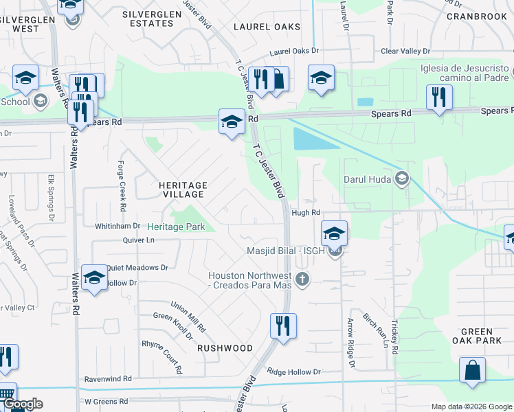 map of restaurants, bars, coffee shops, grocery stores, and more near 12007 Minutemen Court in Houston