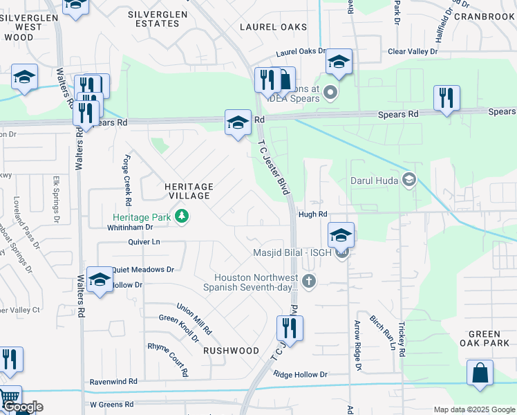 map of restaurants, bars, coffee shops, grocery stores, and more near 12007 Minutemen Court in Houston
