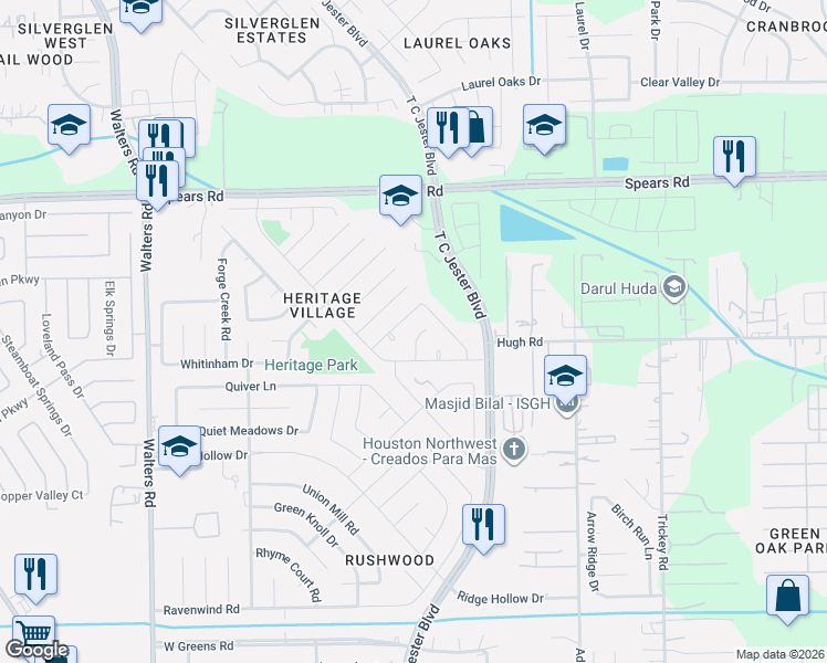 map of restaurants, bars, coffee shops, grocery stores, and more near 12007 Minutemen Court in Houston