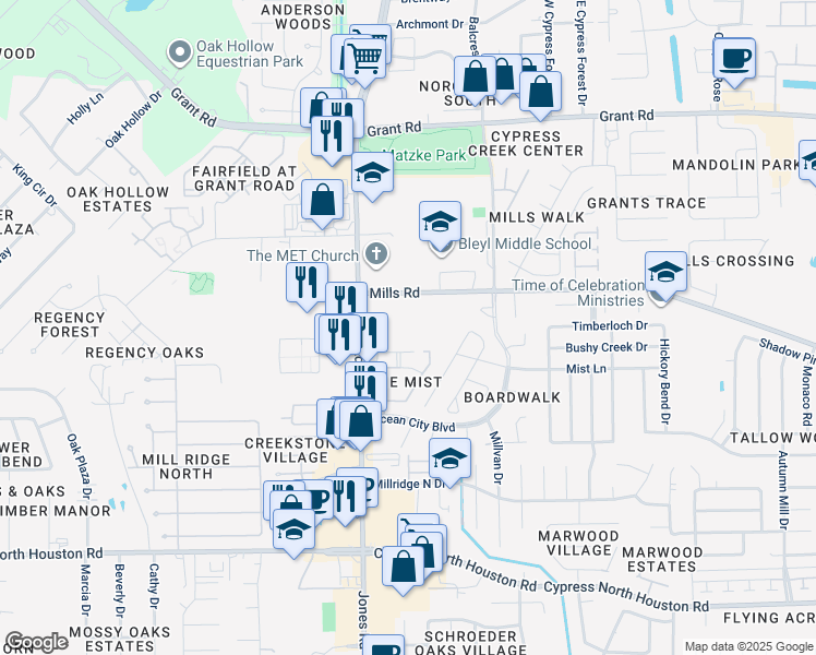 map of restaurants, bars, coffee shops, grocery stores, and more near 10901 Mist Lane in Houston