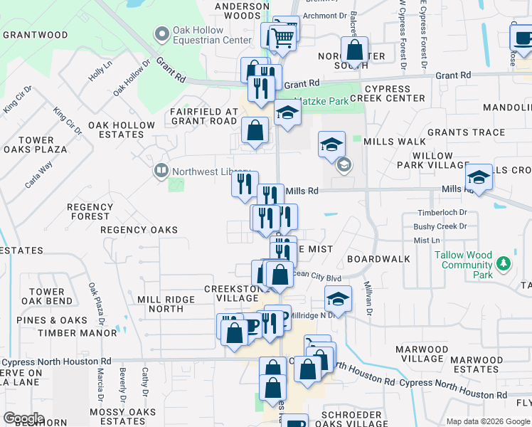 map of restaurants, bars, coffee shops, grocery stores, and more near 11020 Saathoff Drive in Cypress