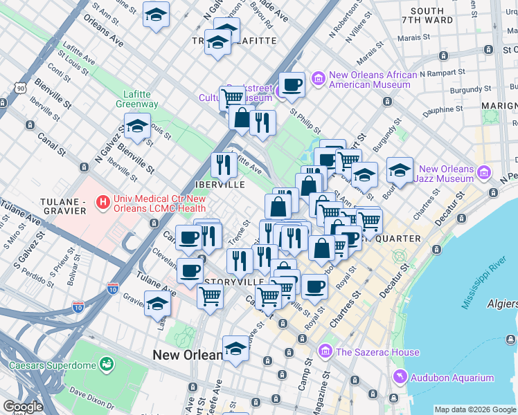 map of restaurants, bars, coffee shops, grocery stores, and more near Treme Street in New Orleans