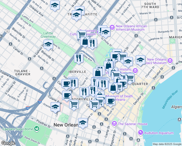 map of restaurants, bars, coffee shops, grocery stores, and more near Treme Street in New Orleans
