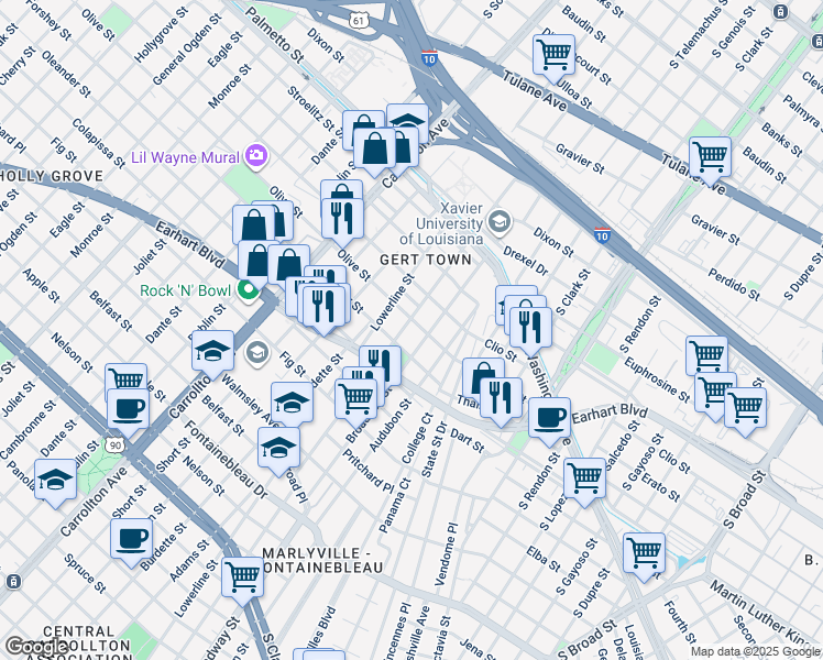 map of restaurants, bars, coffee shops, grocery stores, and more near 3329 Pine Street in New Orleans