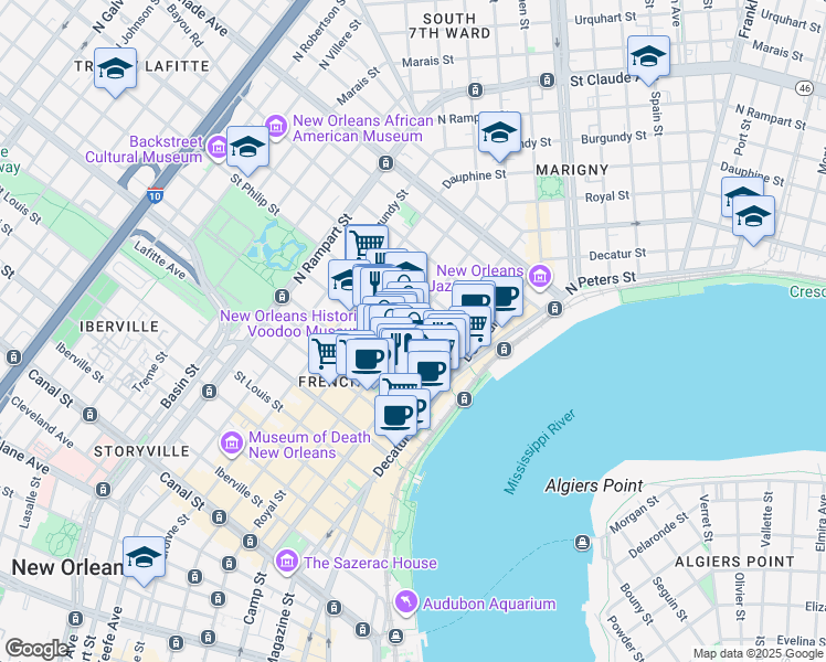 map of restaurants, bars, coffee shops, grocery stores, and more near 902 Royal Street in New Orleans
