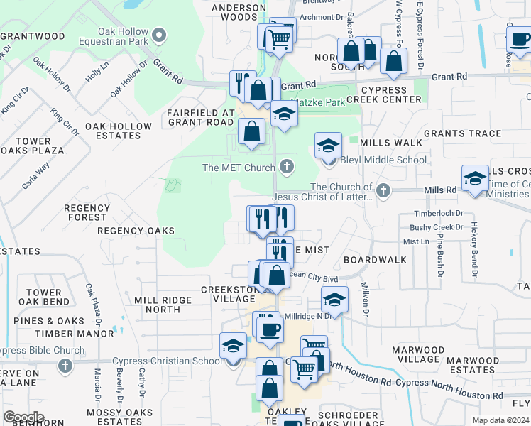 map of restaurants, bars, coffee shops, grocery stores, and more near 12829 Jones Road in Houston