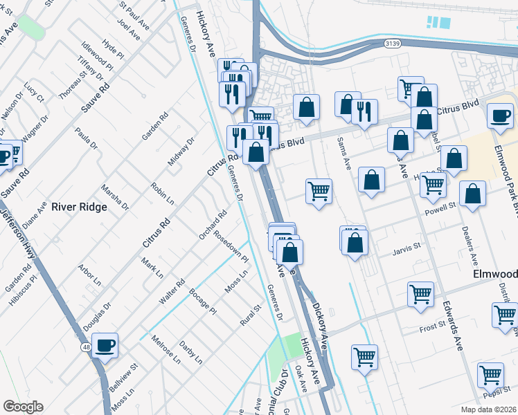 map of restaurants, bars, coffee shops, grocery stores, and more near 1437 Hickory Avenue in Harahan