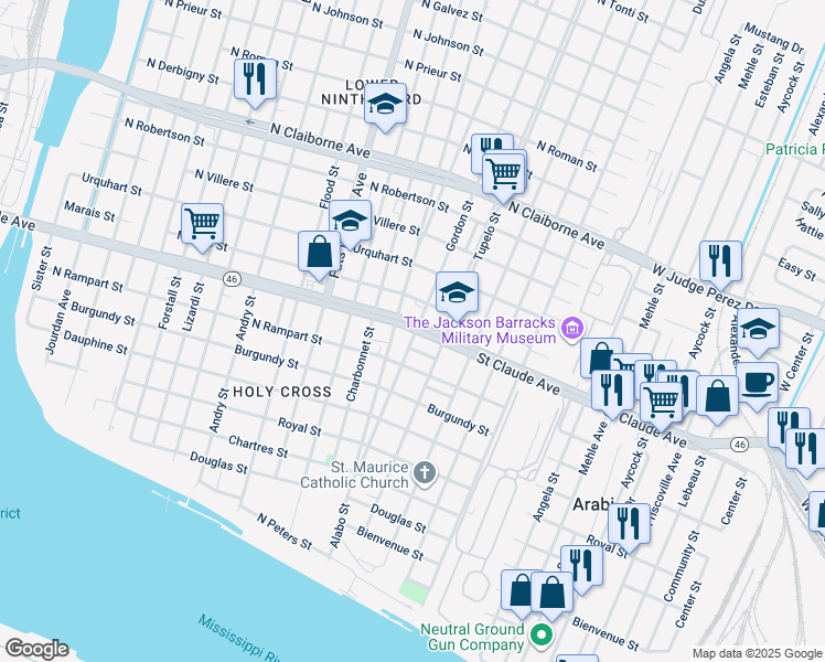 map of restaurants, bars, coffee shops, grocery stores, and more near 6019 El Dorado Street in New Orleans