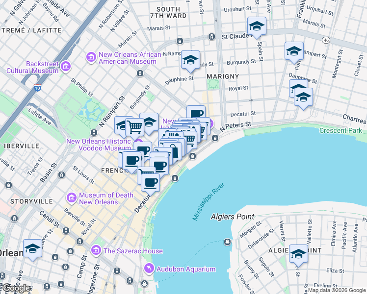 map of restaurants, bars, coffee shops, grocery stores, and more near 13 French Market Place in New Orleans