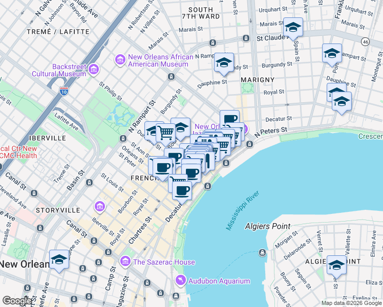 map of restaurants, bars, coffee shops, grocery stores, and more near 538 Saint Philip Street in New Orleans