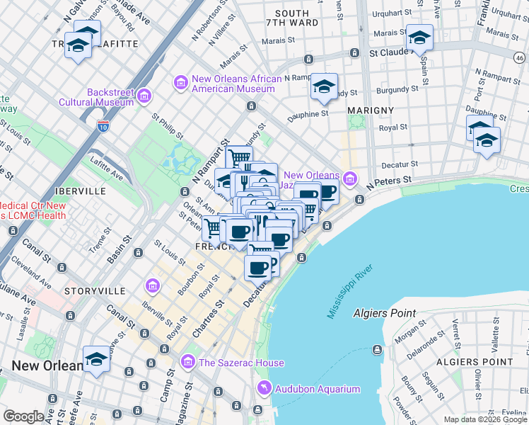 map of restaurants, bars, coffee shops, grocery stores, and more near 902 Royal Street in New Orleans