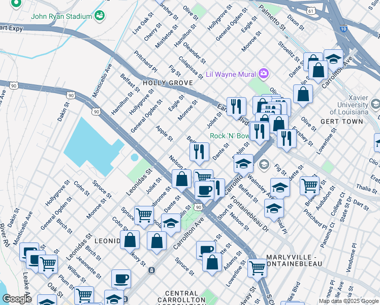 map of restaurants, bars, coffee shops, grocery stores, and more near 8336 Apple Street in New Orleans