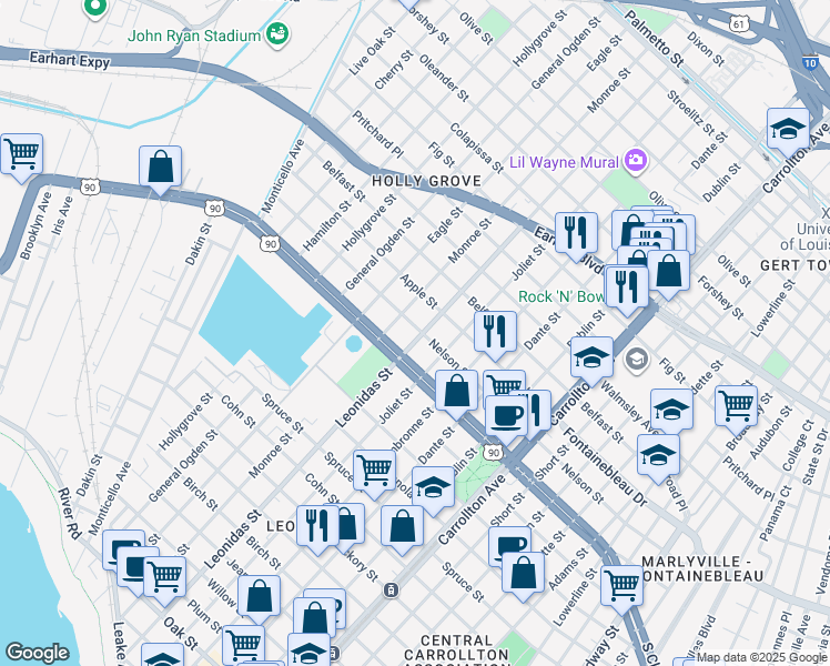 map of restaurants, bars, coffee shops, grocery stores, and more near 2409 Leonidas Street in New Orleans