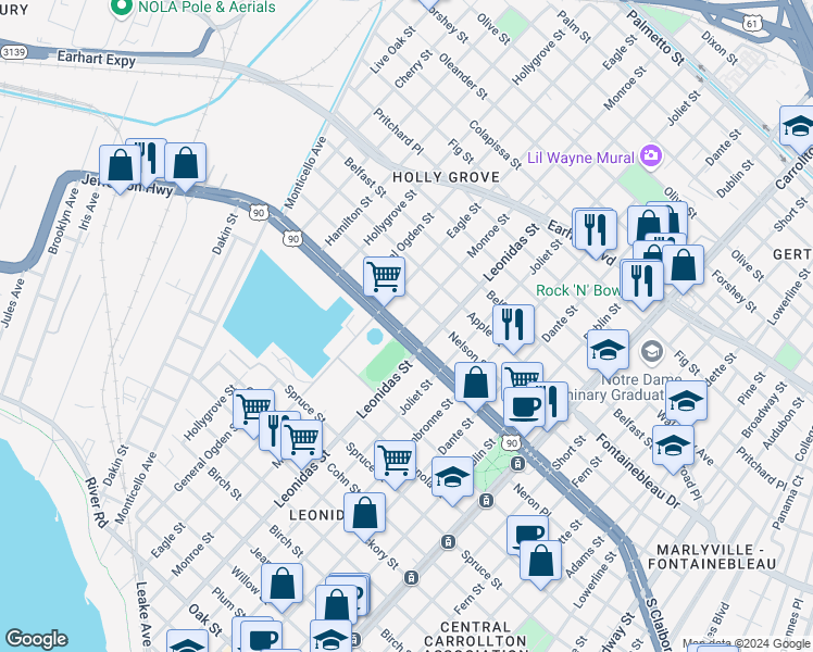 map of restaurants, bars, coffee shops, grocery stores, and more near 8600-8698 South Claiborne Avenue in New Orleans