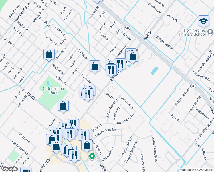 map of restaurants, bars, coffee shops, grocery stores, and more near 4300 Farm to Market Road 365 in Port Arthur