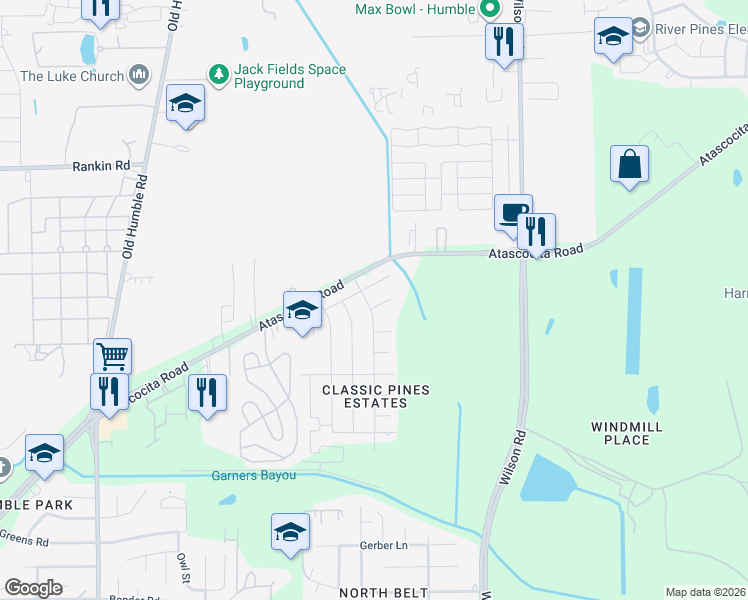 map of restaurants, bars, coffee shops, grocery stores, and more near 3206 Grand Prix Drive in Humble