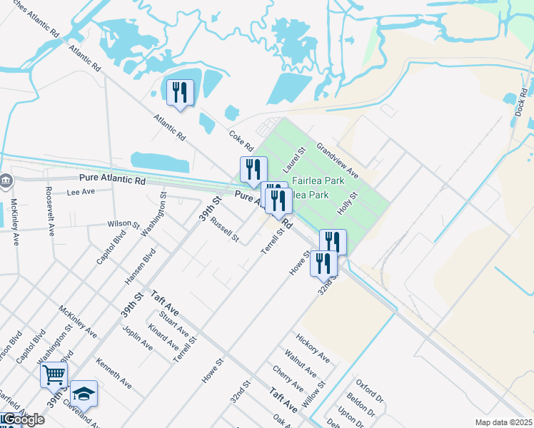 map of restaurants, bars, coffee shops, grocery stores, and more near 7211 Hayman Street in Groves