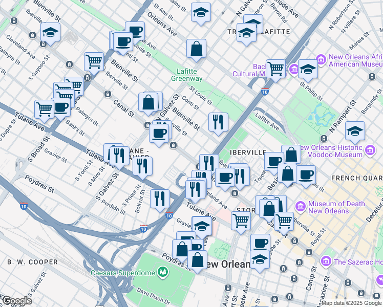 map of restaurants, bars, coffee shops, grocery stores, and more near 1812 Canal Street in New Orleans