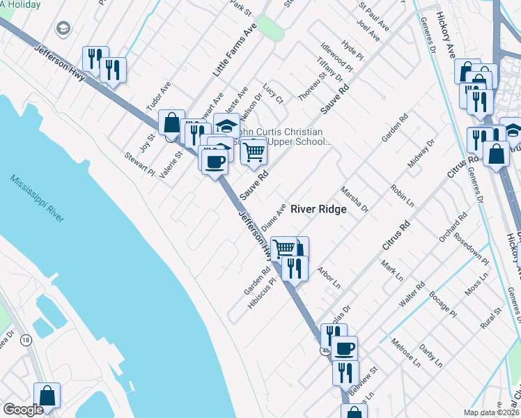 map of restaurants, bars, coffee shops, grocery stores, and more near 124 Diane Avenue in River Ridge