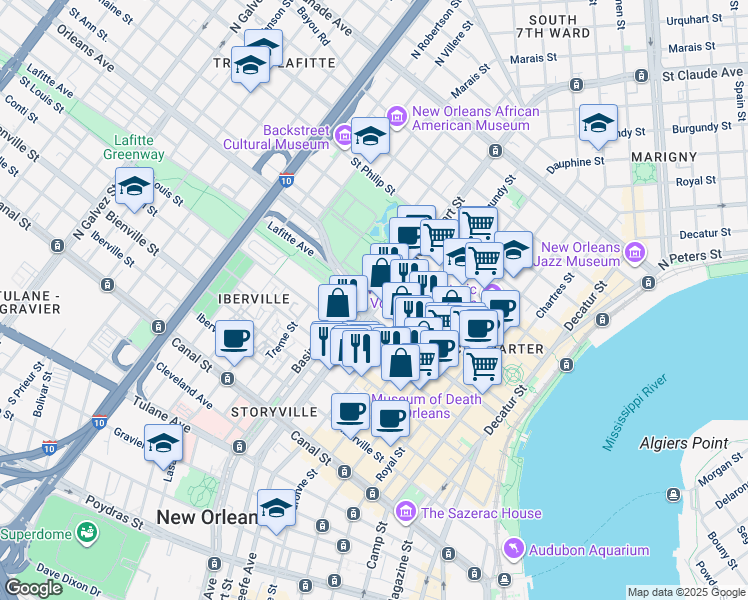 map of restaurants, bars, coffee shops, grocery stores, and more near 625 North Rampart Street in New Orleans
