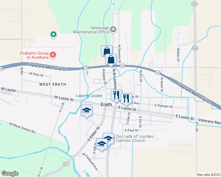 map of restaurants, bars, coffee shops, grocery stores, and more near 401 North Theriot Street in Erath